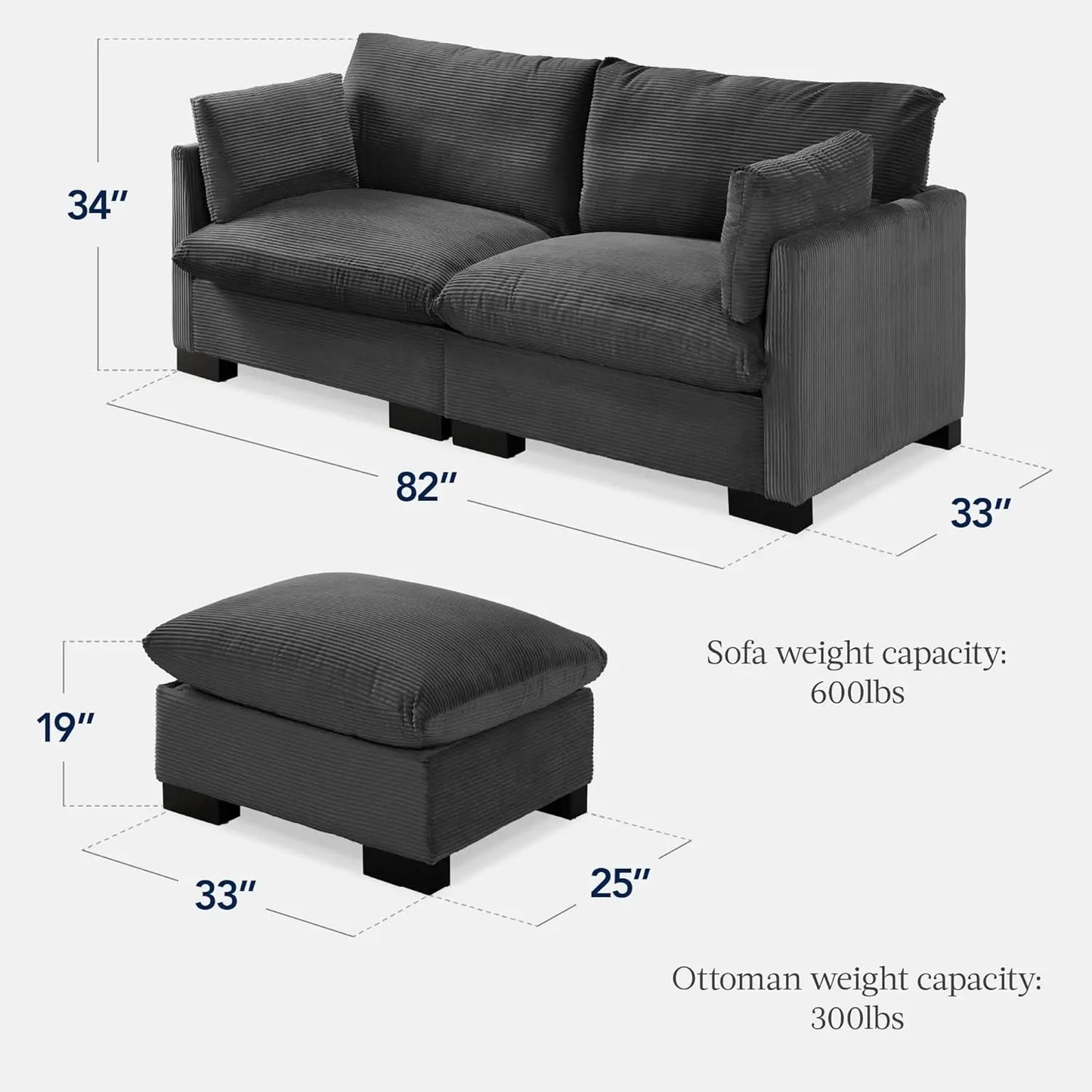 Modern Corduroy Loveseat With Removable Cover And Solid Wood Frame