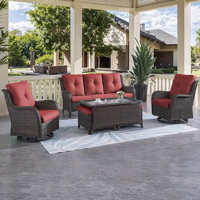 Patio Furniture 6 Pieces Set, with Swivel Rocking Chairs,Patio Ottomans,Patio Coffee Table, Wicker Outdoor Sectional Sofa