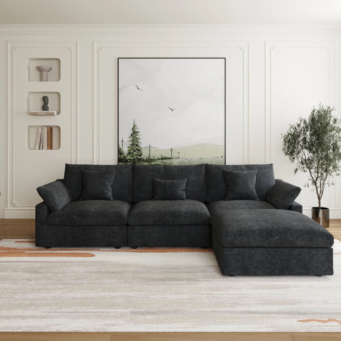 Sdorens 120'' Sectional Sofas for Living Room Modern Cloud Couch Down Filled L-Shaped 3Seater Couch with Ottoman