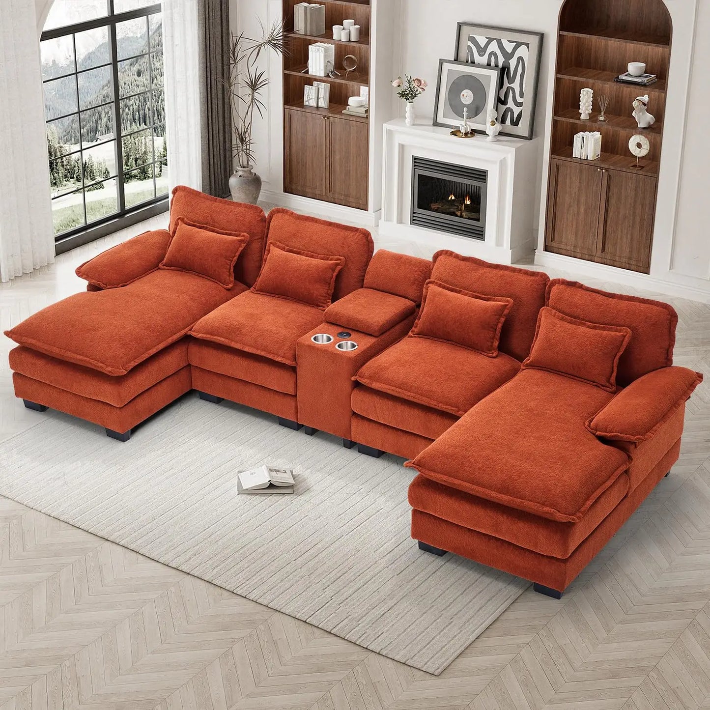 U Shaped Modular Sectional Sofa Chenille With Double Chaise Storage Console USB