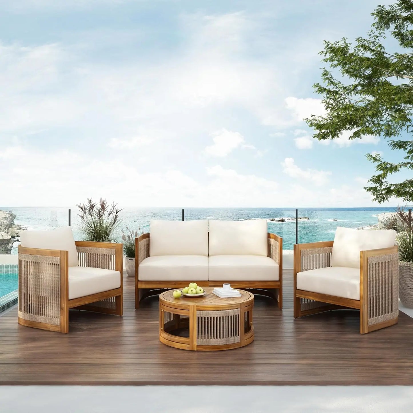 Acacia Wood 4 Piece Patio Conversation Set Outdoor Furniture