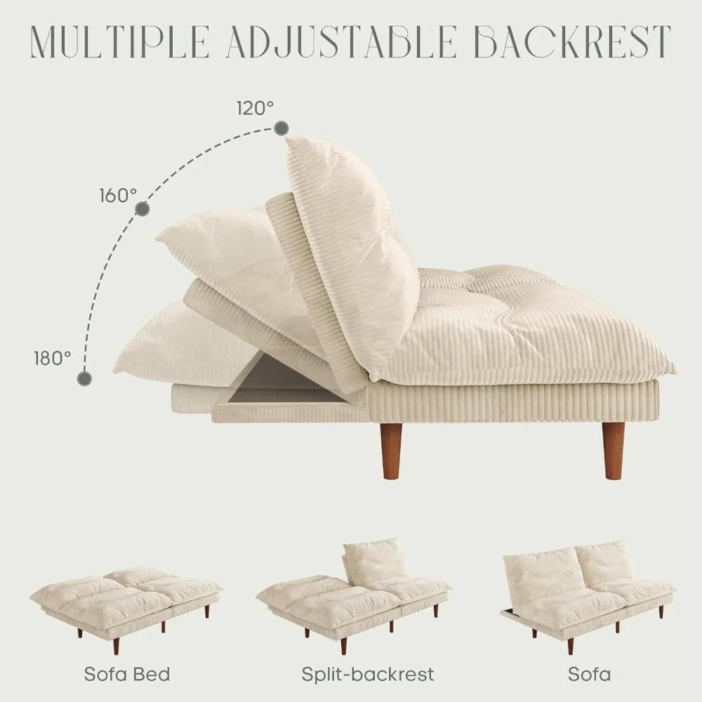 Corduroy Futon Sofa Bed With Adjustable Backrest And Convertible Sleeper