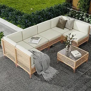 Outdoor Patio Furniture Set, Wicker Outdoor Sectional Set, Boho Patio Conversation Sectional Sofa with Large Tempered Glass Cof