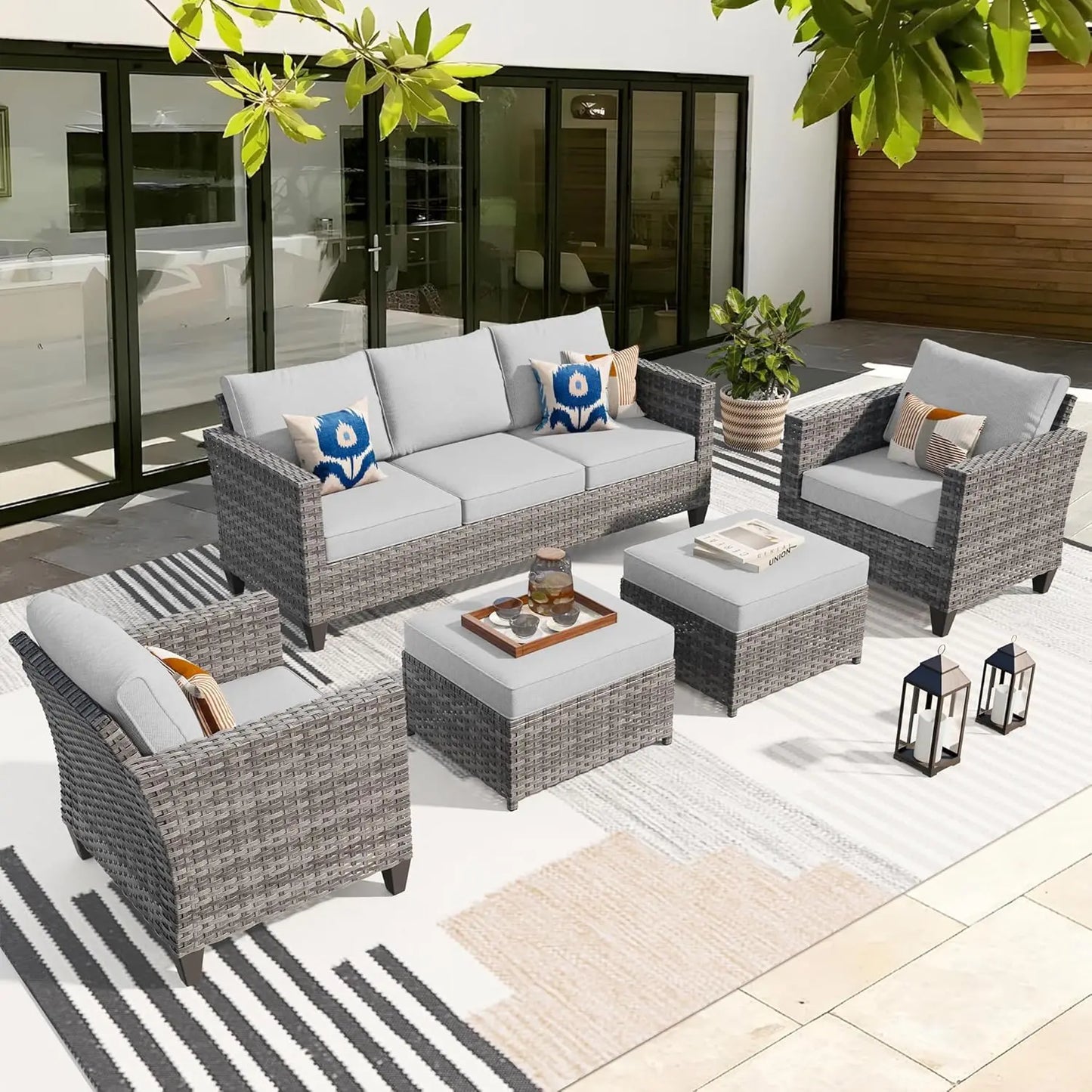 Patio Furniture Set, 5 Pieces Outdoor Wicker Sofa Couch With Chairs, Ottomans And Comfy Cushions, All Weather High, Customized
