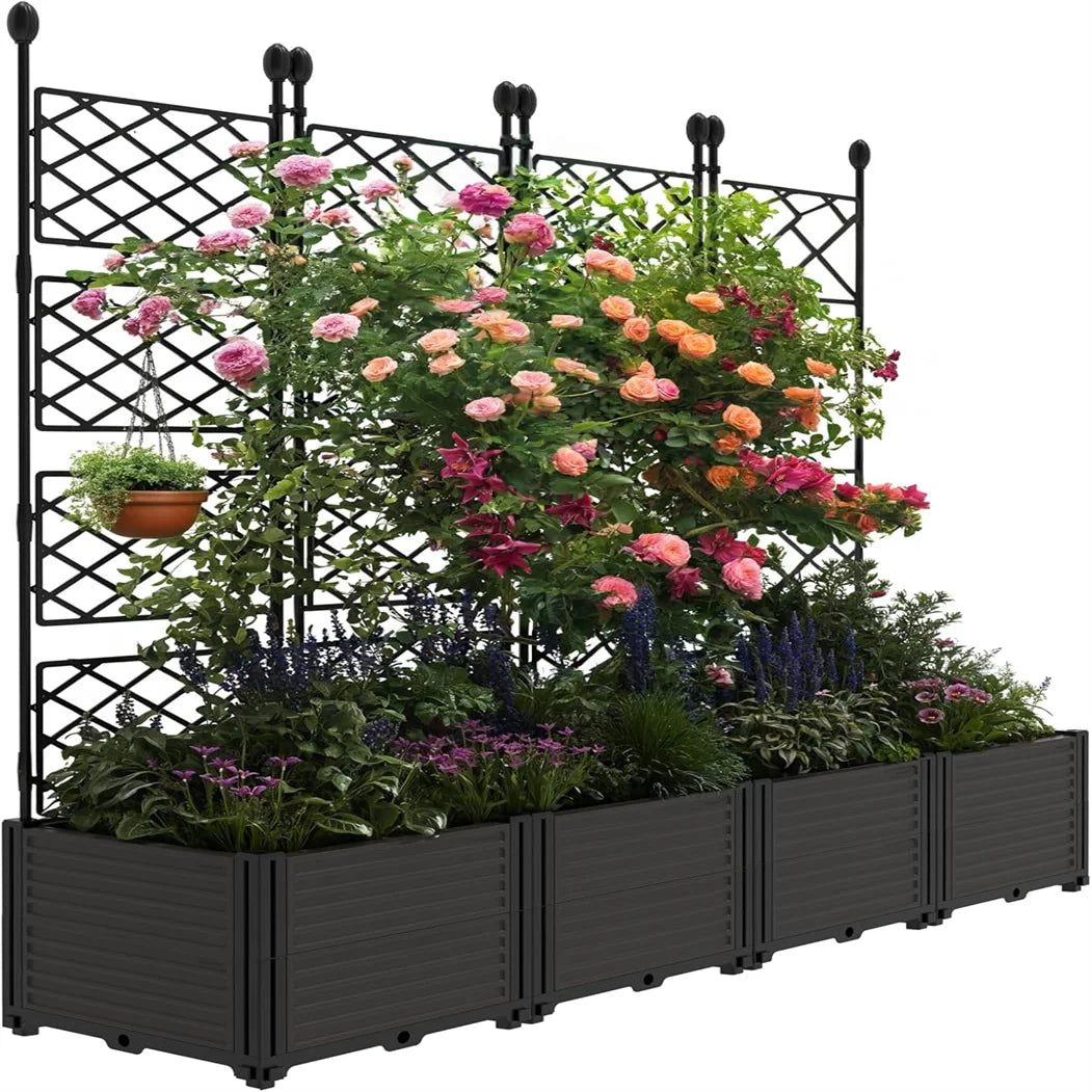 HiMISSH Plastic Plant Box With Metal Trellis Raised Garden Bed