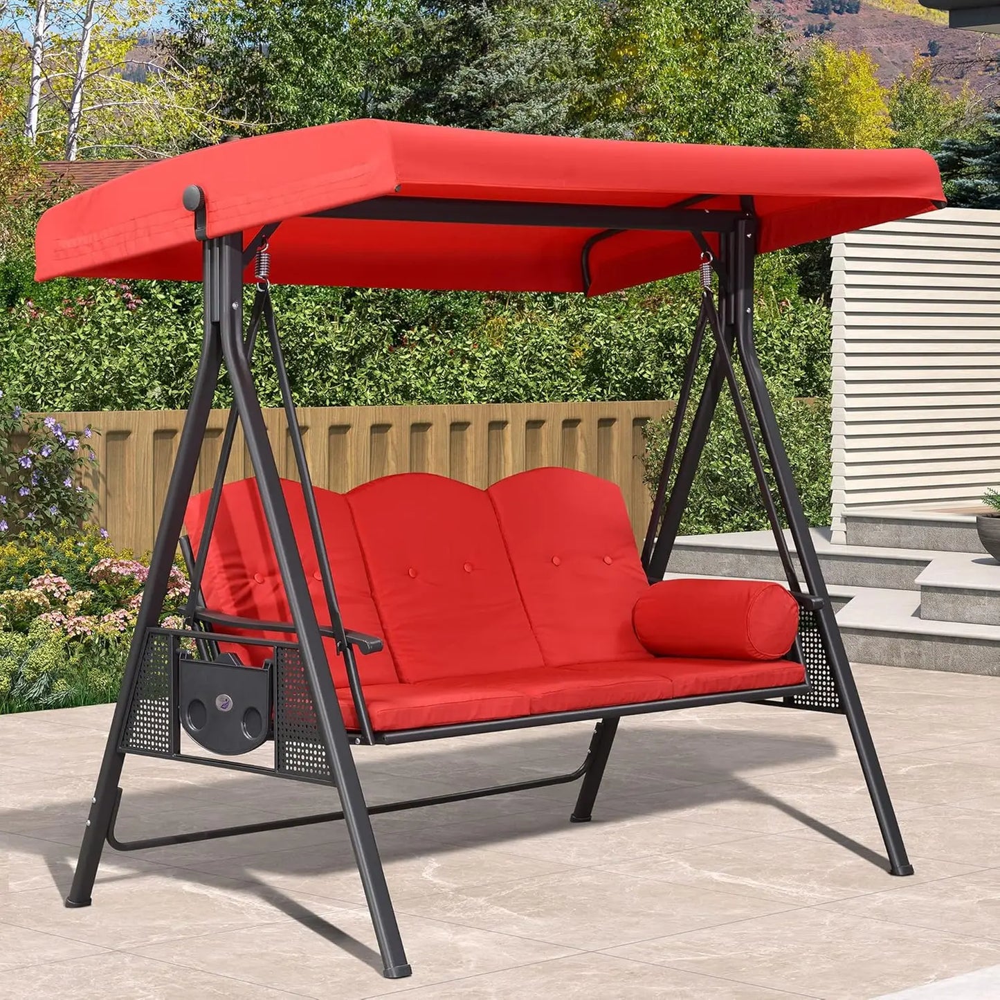 Adjustable Canopy 3 Seat Outdoor Porch Swing Bench Cup Holder