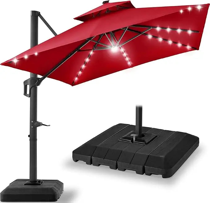9x12ft LED Cantilever Patio Umbrella w/Base Included & 360° Rotation, Large Solar Offset Hanging Outdoor Sun Shade for Deck