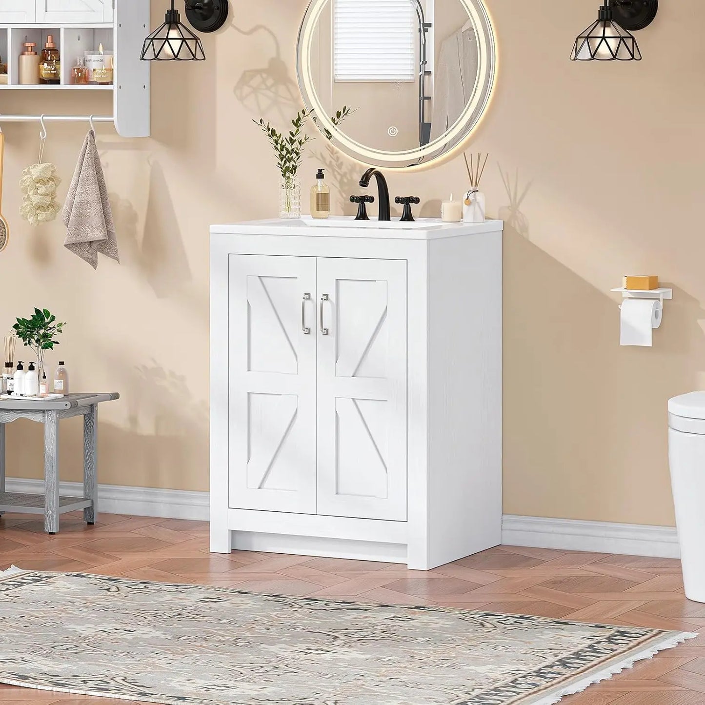 Farmhouse Style Bathroom Vanity With Ceramic Basin And Freestanding Wood Cabinet