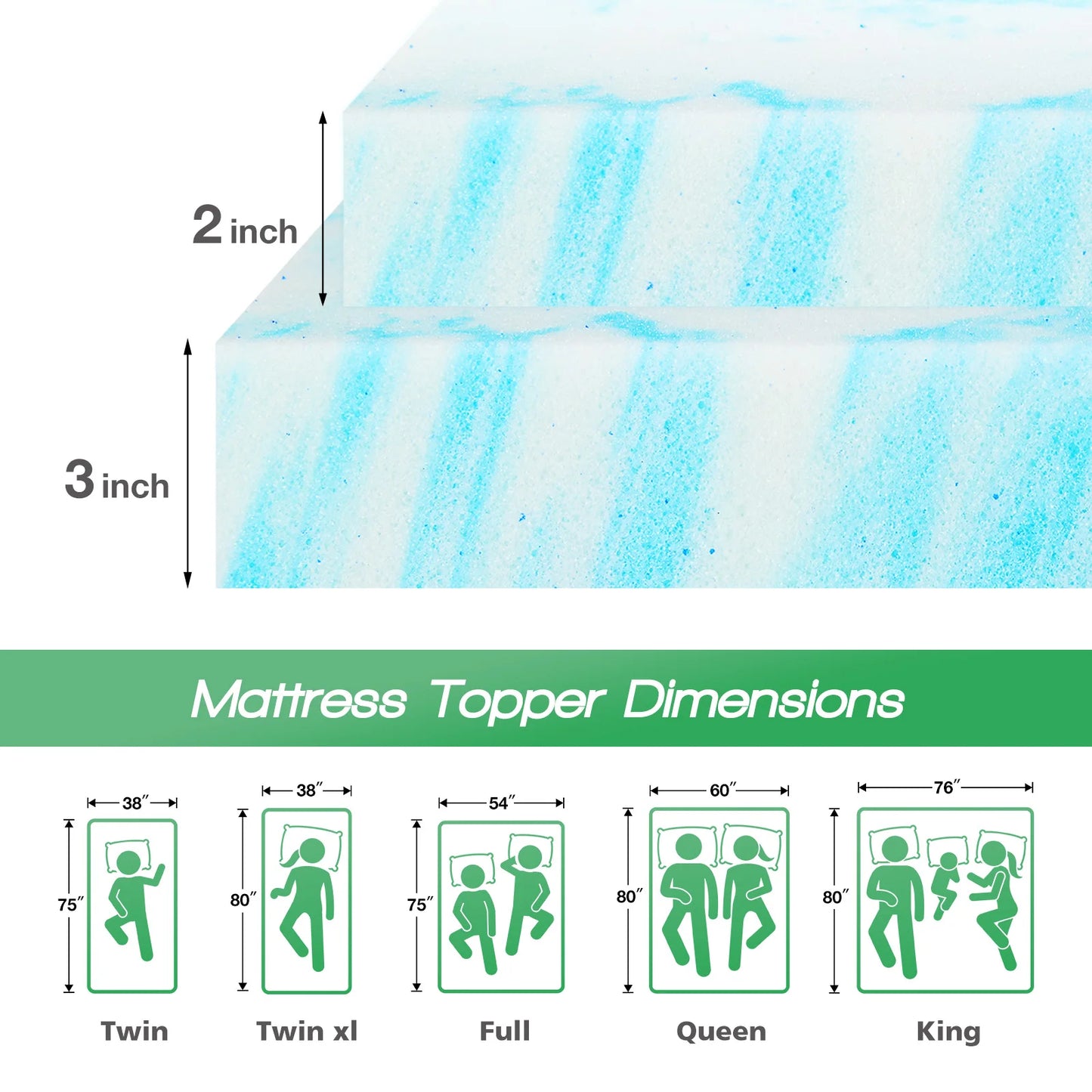 JHK Gel Memory Foam Mattress Topper Cooling Soft Breathable