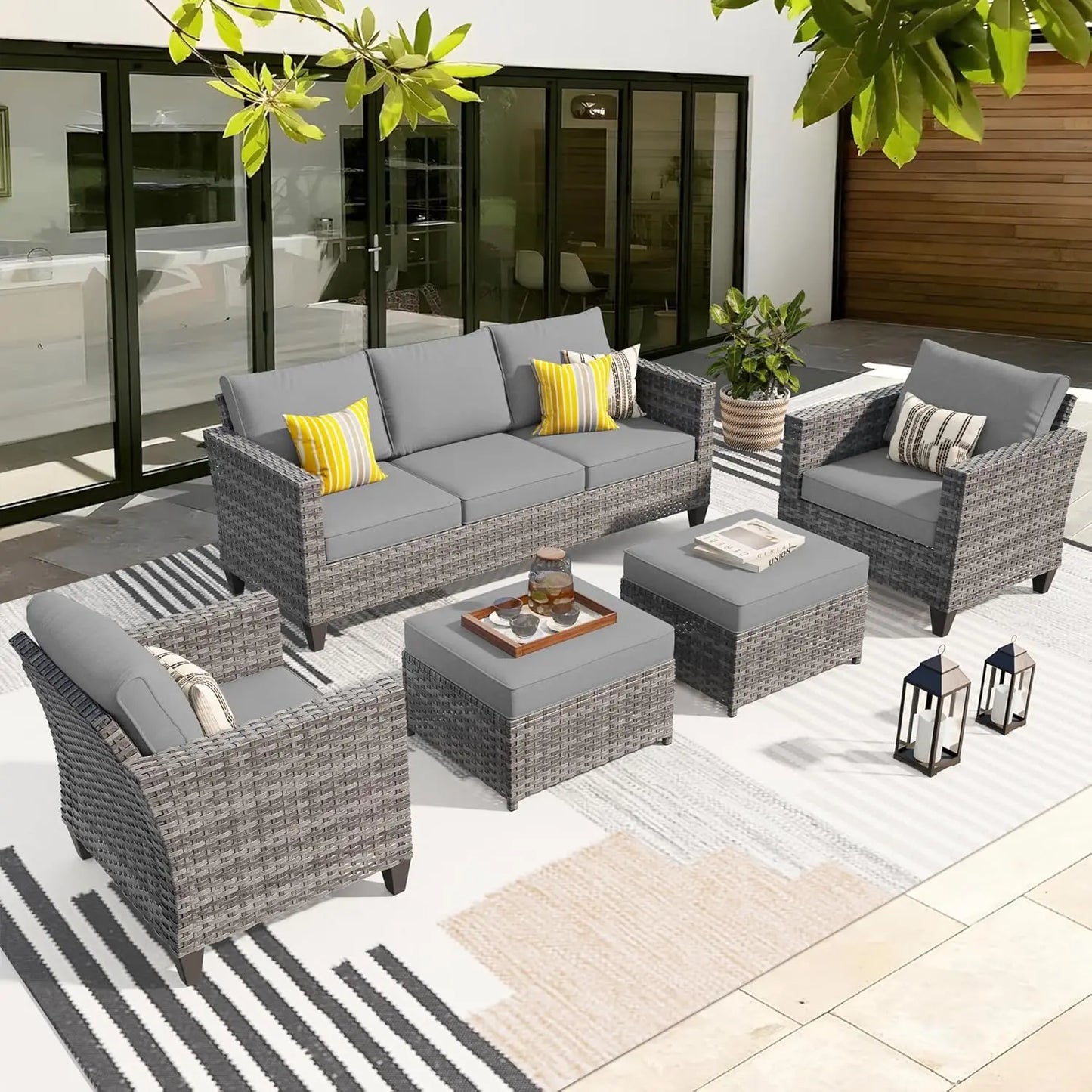 Patio Furniture Set, 5 Pieces Outdoor Wicker Sofa Couch With Chairs, Ottomans And Comfy Cushions, All Weather High, Customized