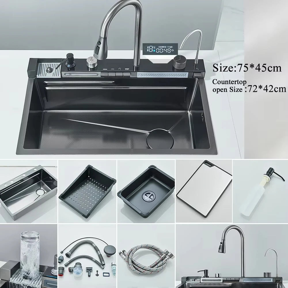 MYQualife 304 Stainless Steel Waterfall Kitchen Sink Faucet Set Dispenser