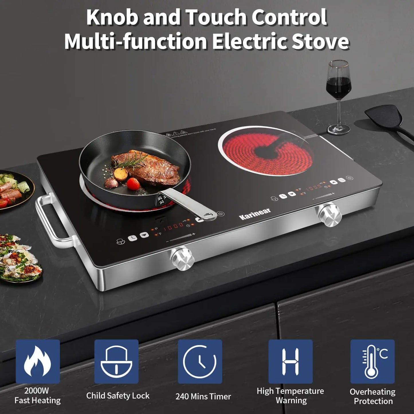 Karinear Ceramic Hob Two Zones 3200W With Safety Lock