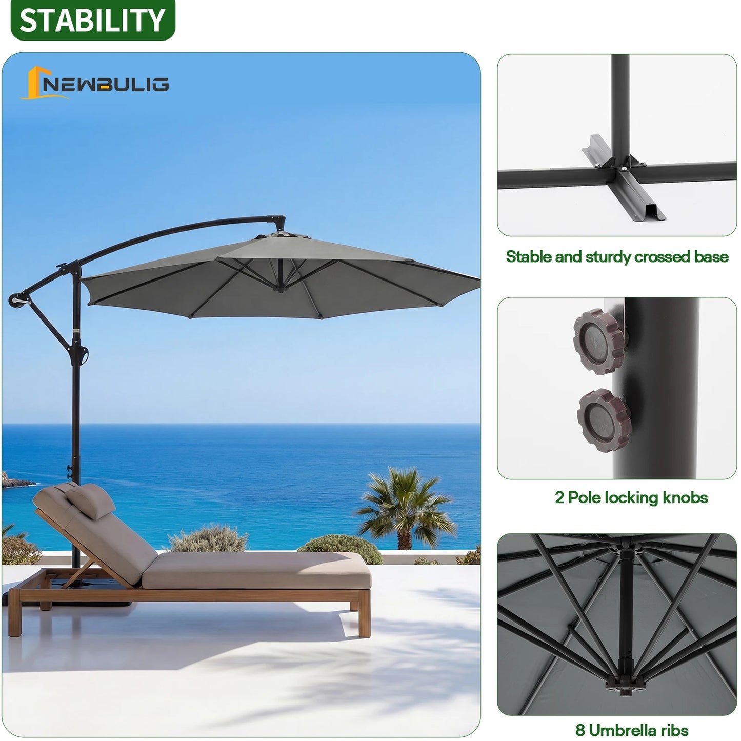 JHK Outdoor Offset Patio Umbrella With Base Cantilever Tilt UV Protection