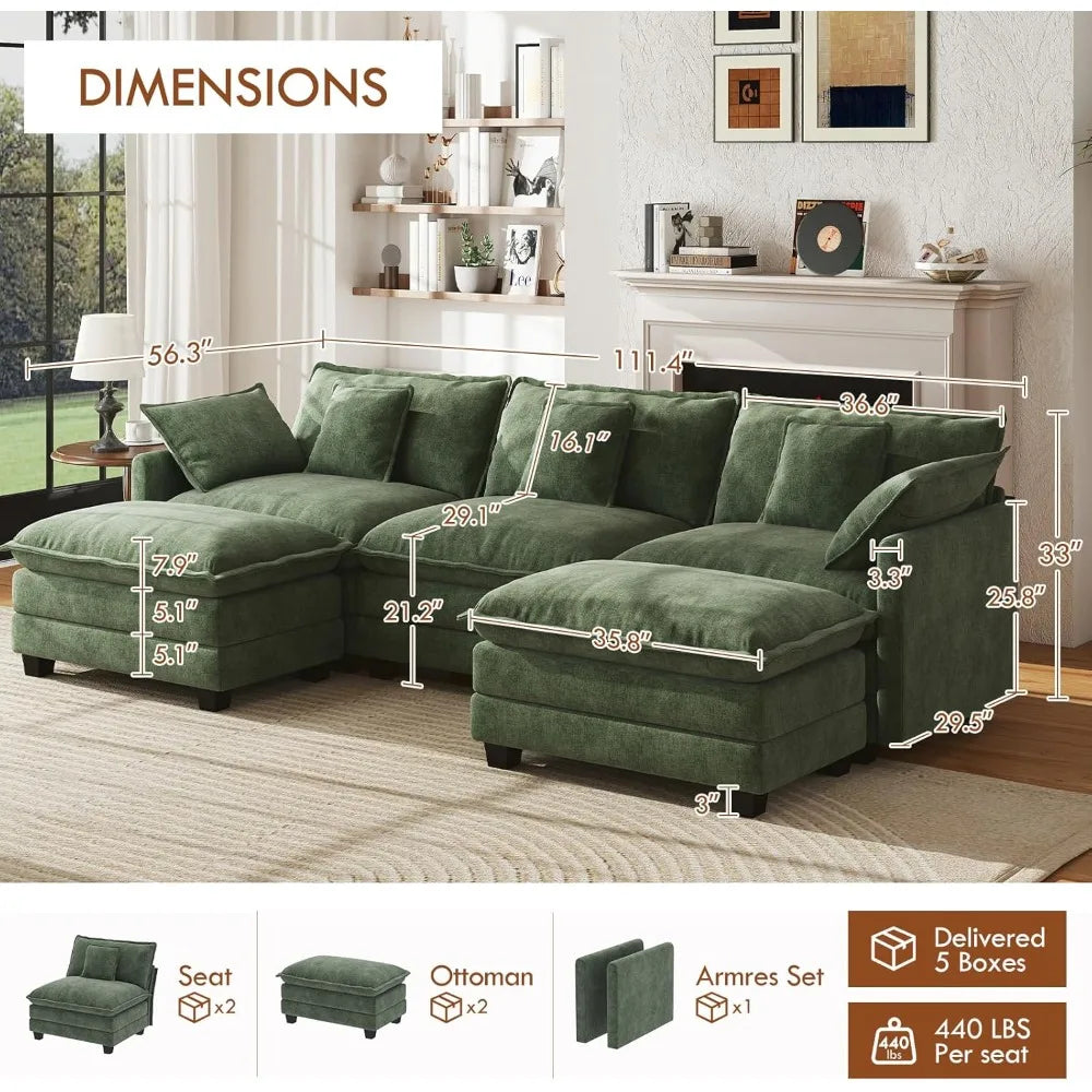 U-Shape Modular Sectional Sofa Chenille Deep Seat With Movable Ottomans