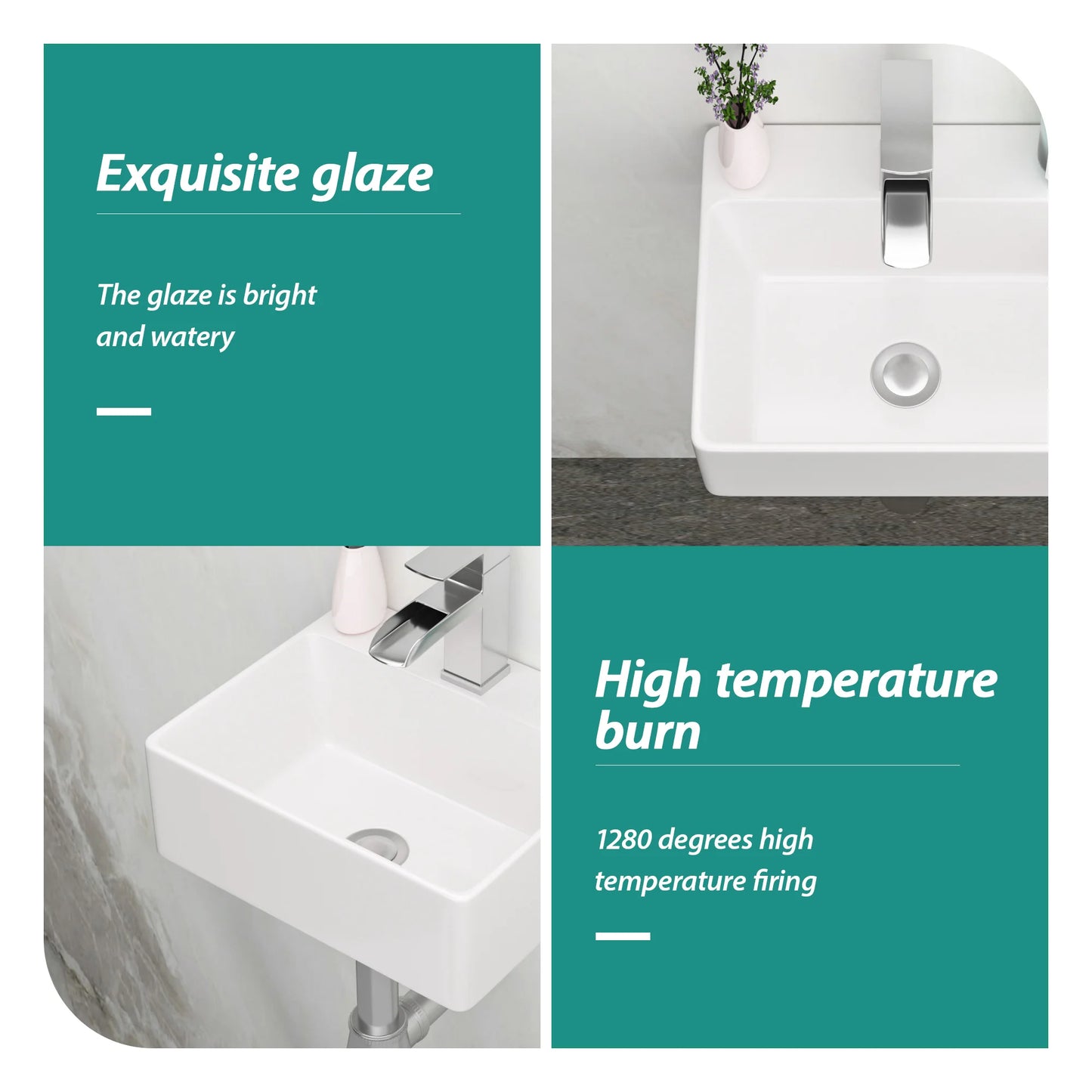 13.6x11.6” White Ceramic Rectangular Wall Mount Bathroom Sink with Single Faucet Hole ( Faucet and Sink Undermount Not Included)