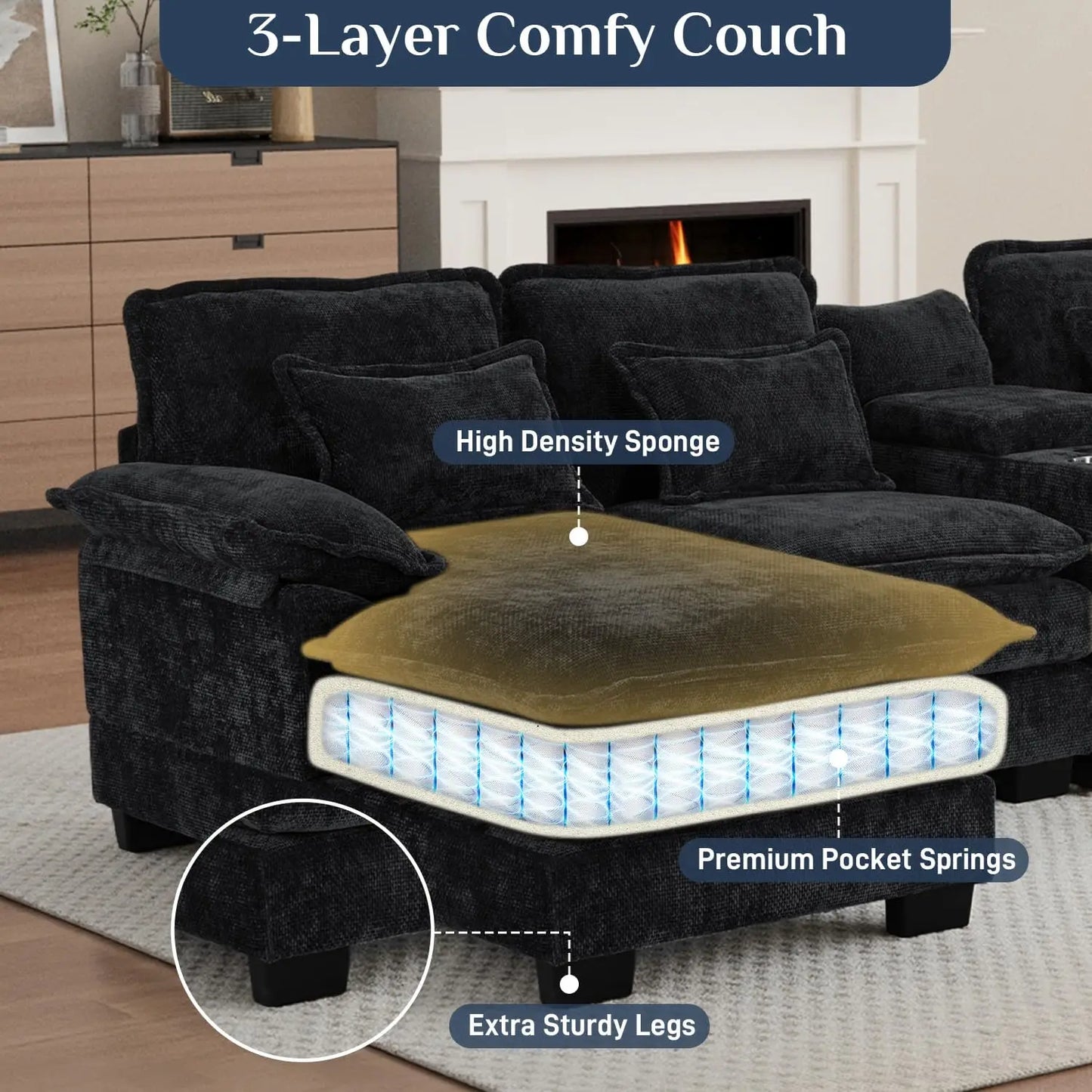 U Shaped Modular Sectional Sofa Chenille With Double Chaise Storage Console USB