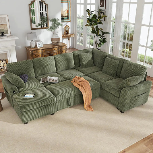 Corduroy L-Shaped Sectional Sofa With Pull-Out Bed Storage USB Charging
