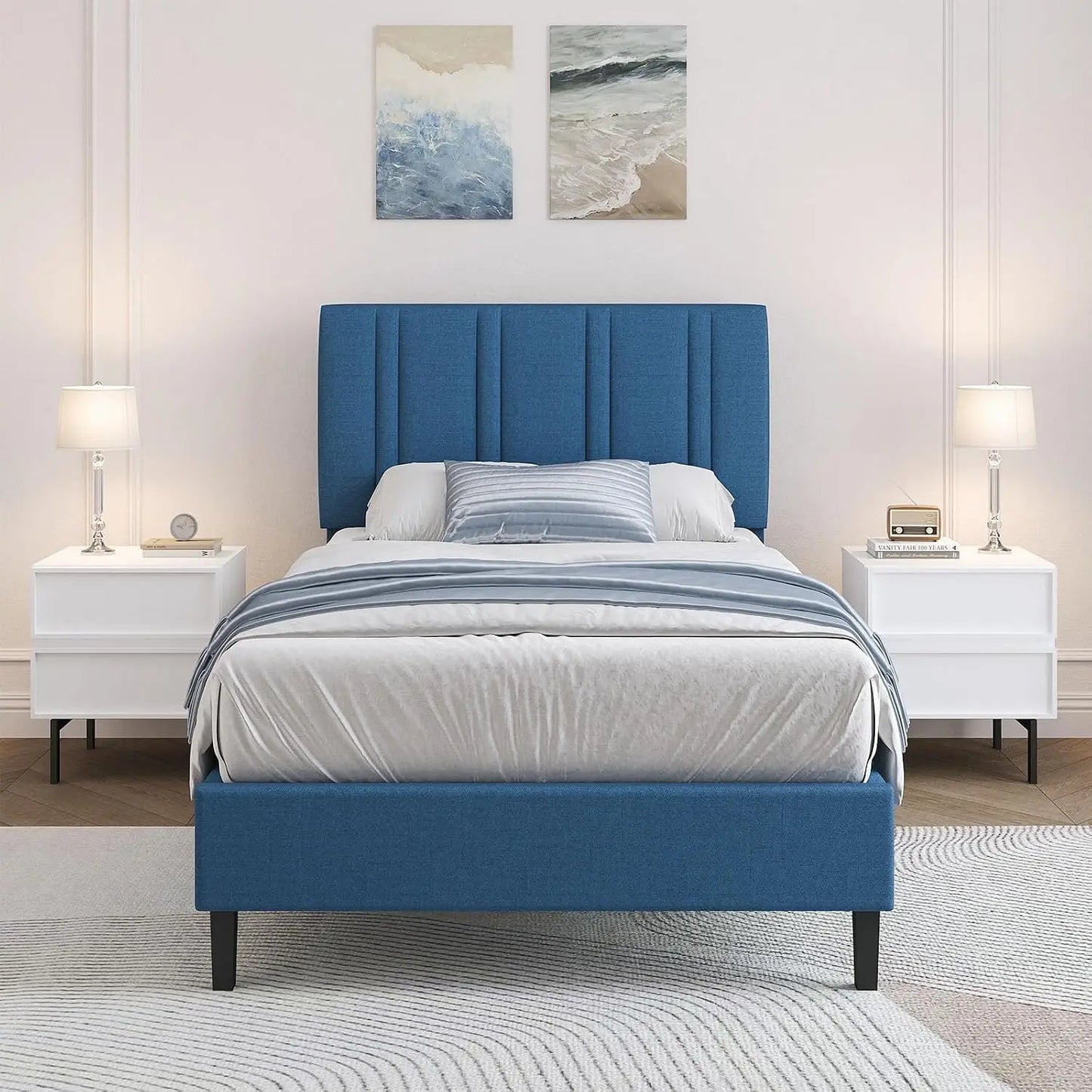 Twin Bed Frame With Adjustable Upholstered Headboard Linen Fabric