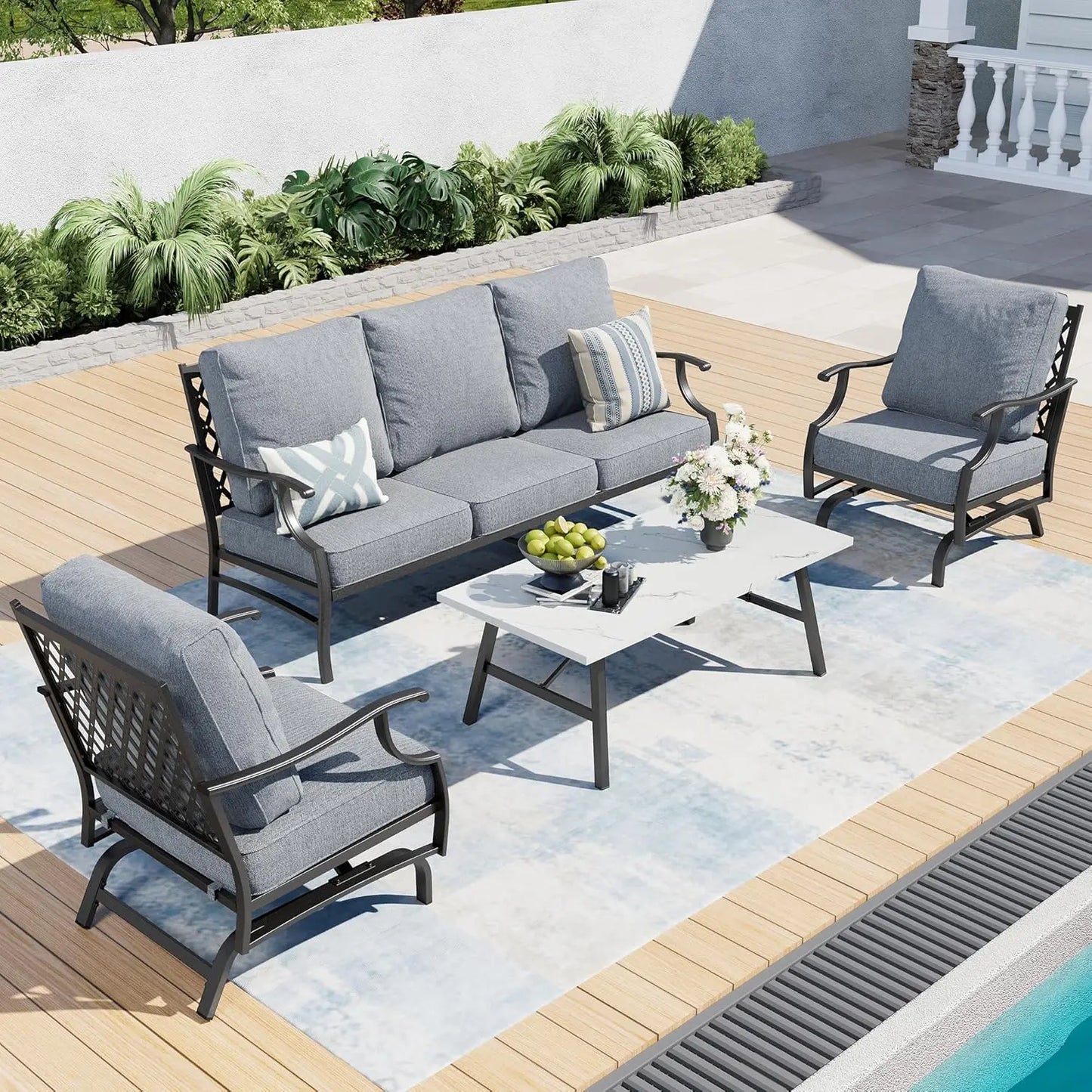 4 Piece Metal Outdoor Patio Furniture Set, Patio Conversation Sets 1 3-seater Sofa, 2 Swivel Chair with 5.75" Extra, Customized