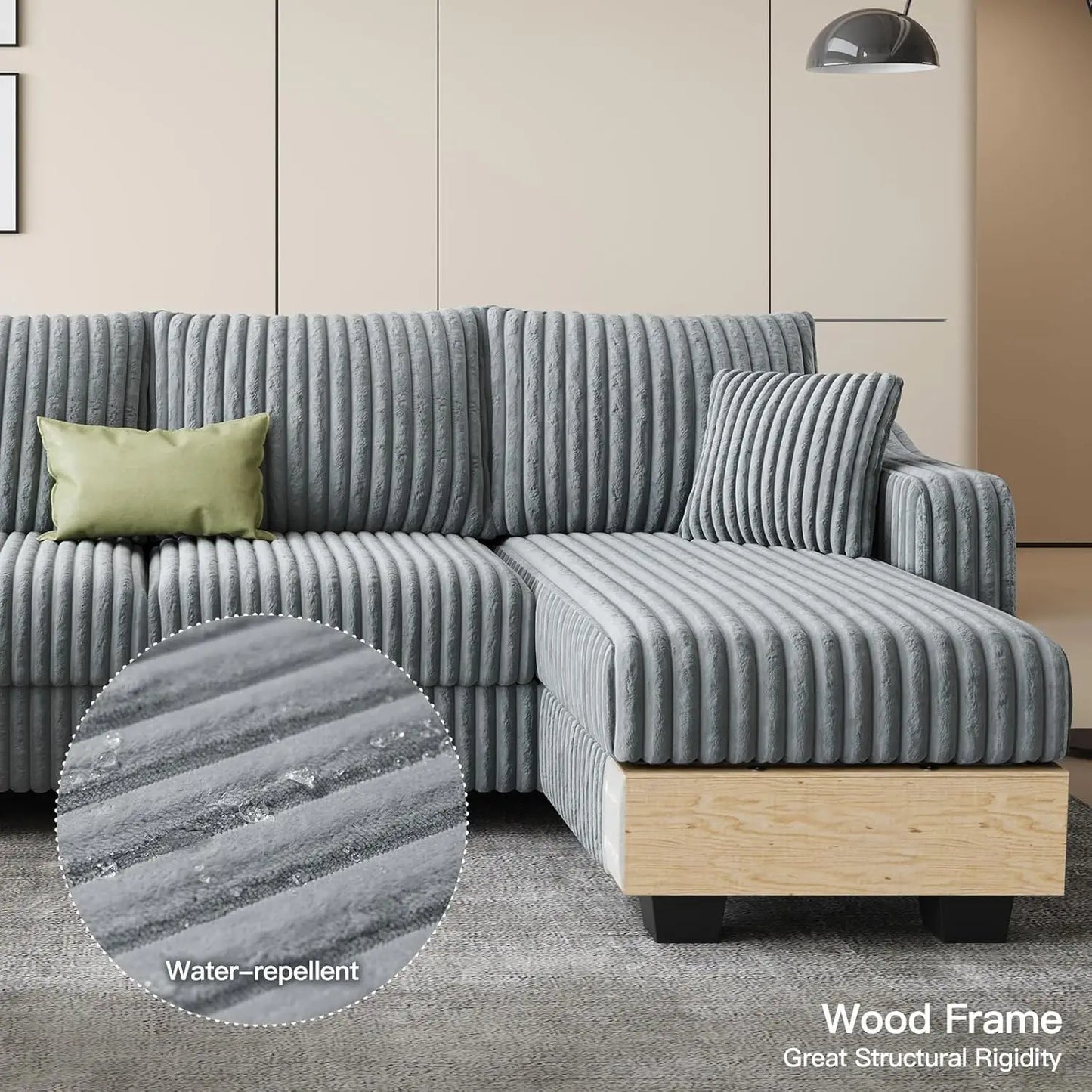 U Shape Reversible Sectional Sofa With Ottoman Corduroy Living Room
