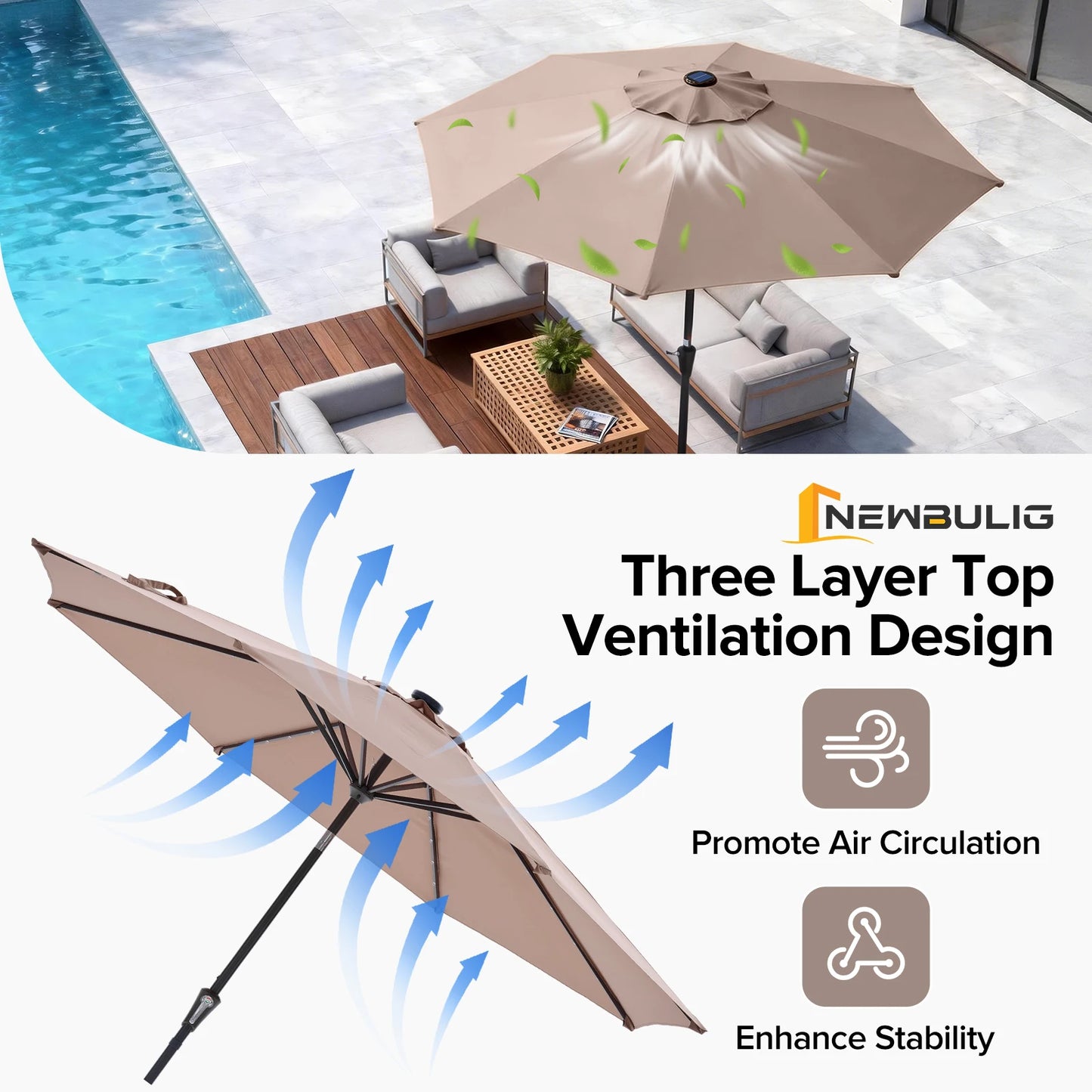 JHK Solar LED Patio Umbrella With Tilt Crank Lights