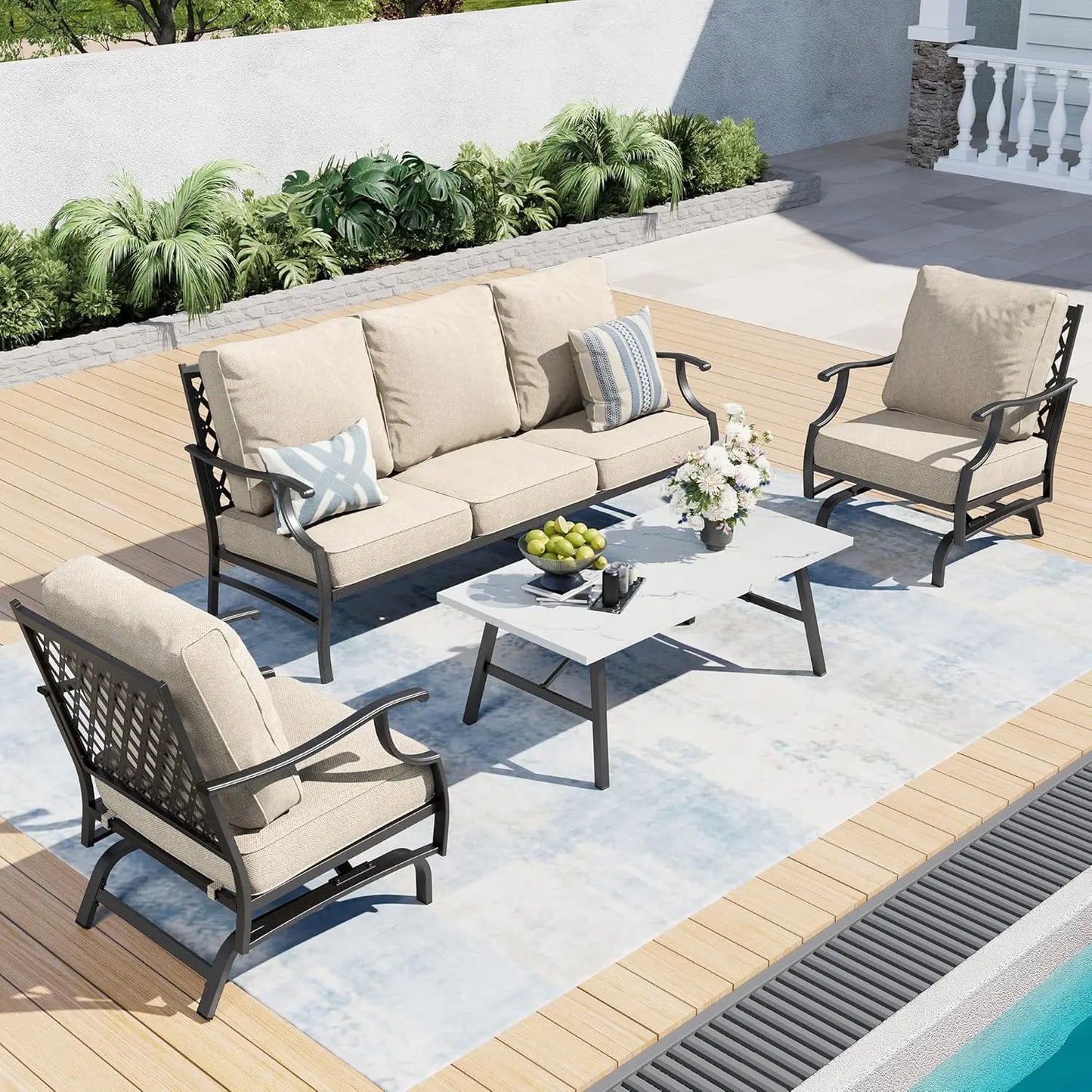 4 Piece Metal Outdoor Patio Furniture Set, Patio Conversation Sets 1 3-seater Sofa, 2 Swivel Chair with 5.75" Extra, Customized