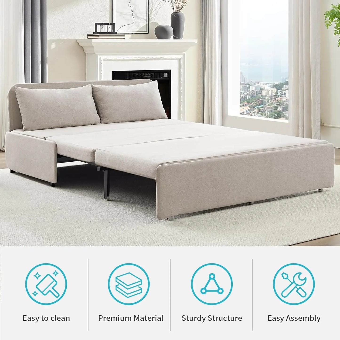 Queen Pull Out Sofa Bed Linen Convertible Couch With Pillows