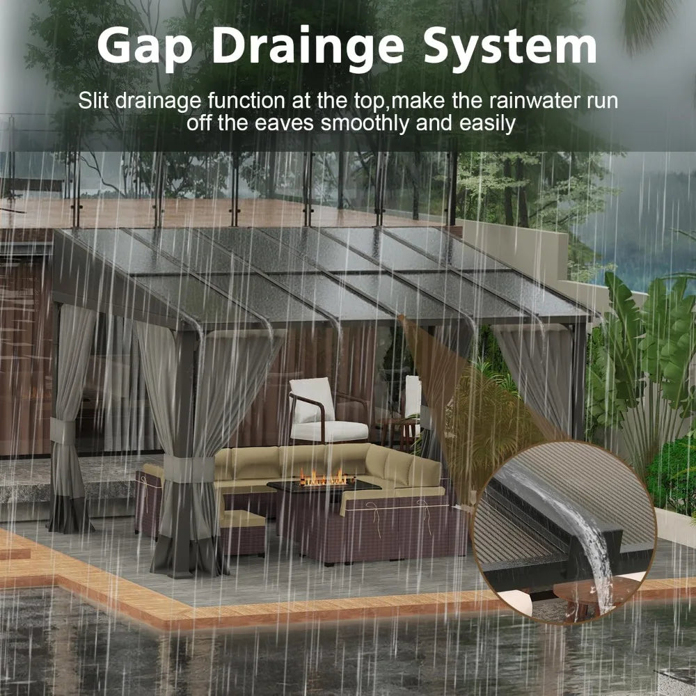 DUOFU Wall Mounted Gazebo Hardtop Metal Frame With Curtains Patio