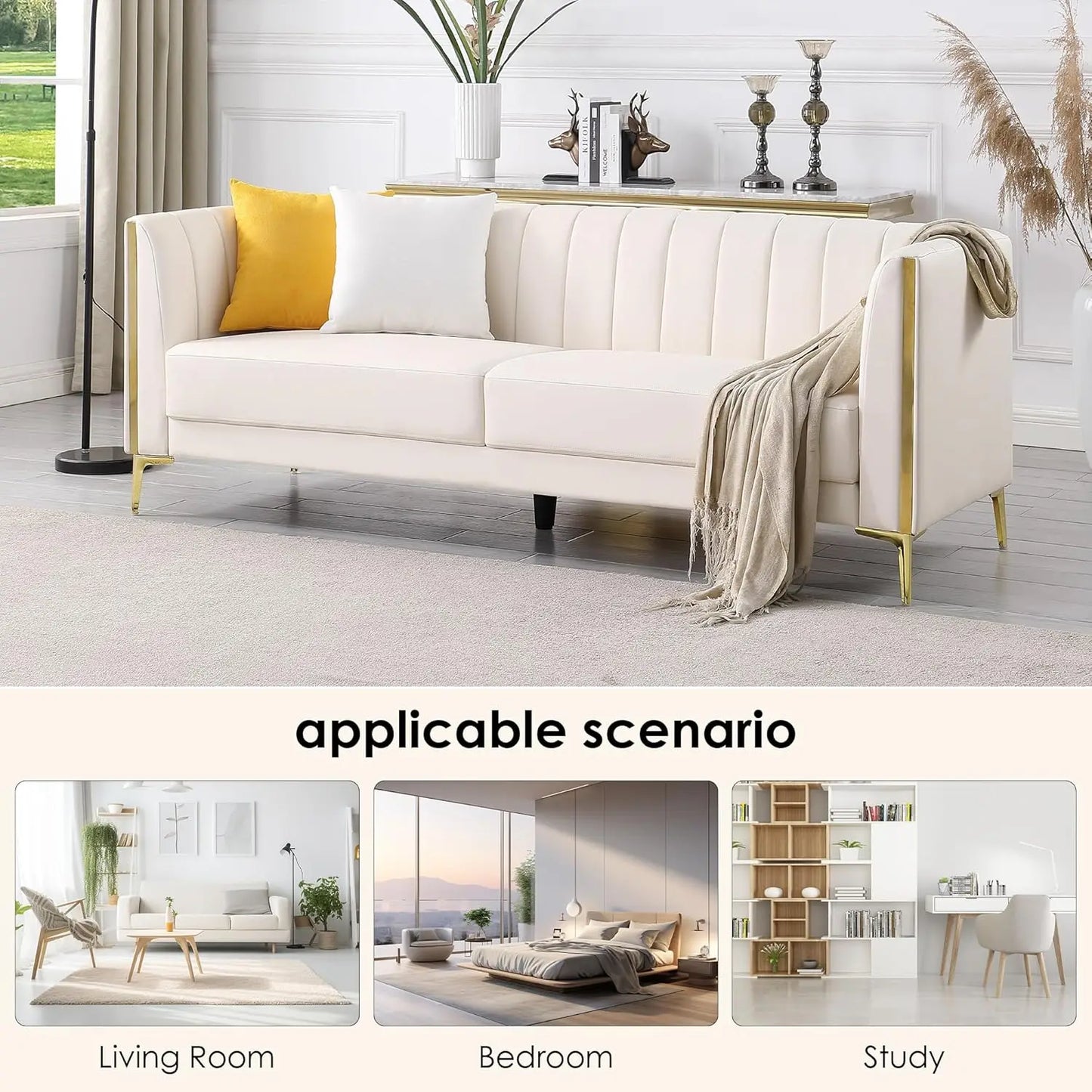 78in White Faux Leather Sofa 3 Seater Gold Metal Legs Deep Seat Living Room with 2 Pillows, Customized