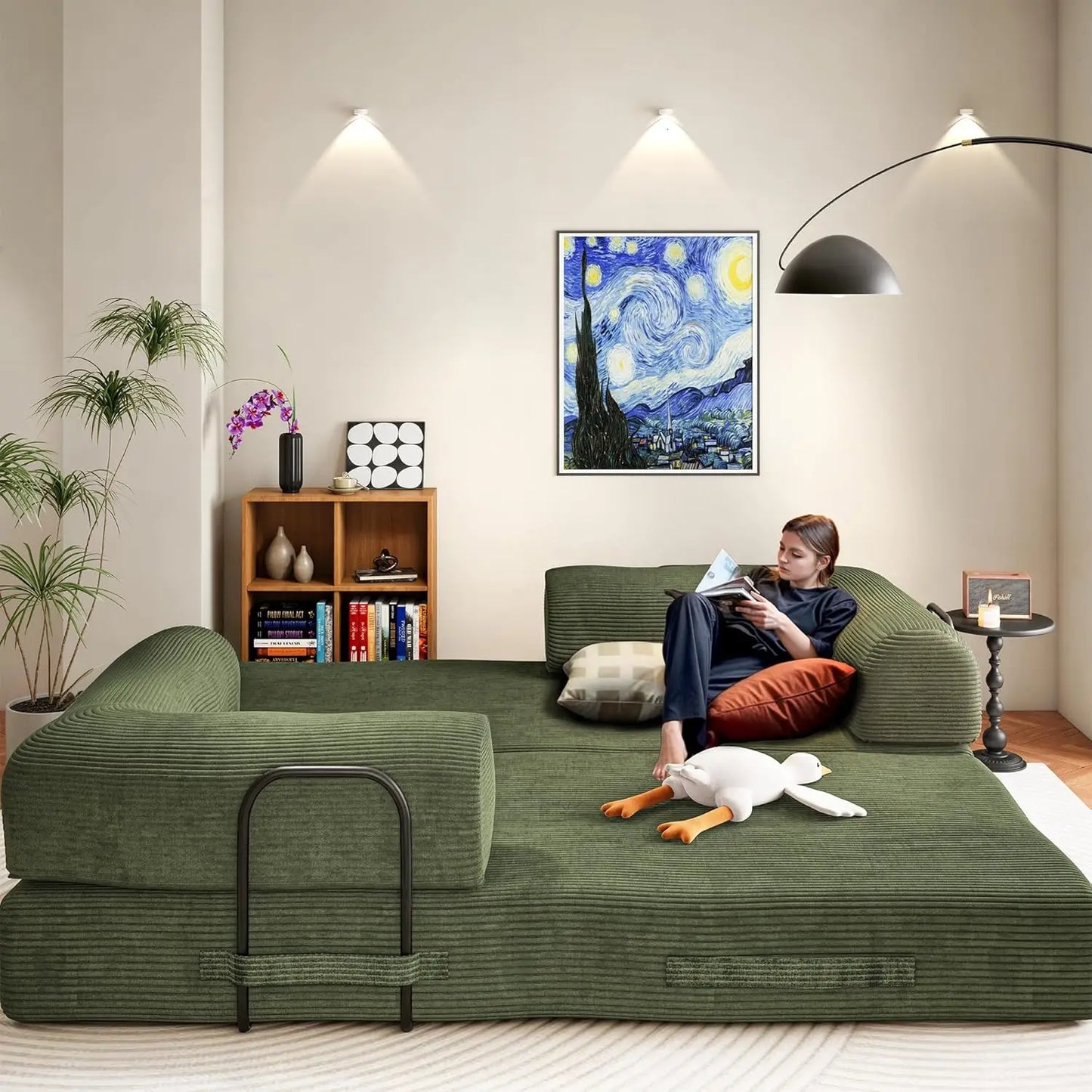 Convertible Sofa Bed Modular Couch With Corduroy Fabric And Memory Foam Sleeper