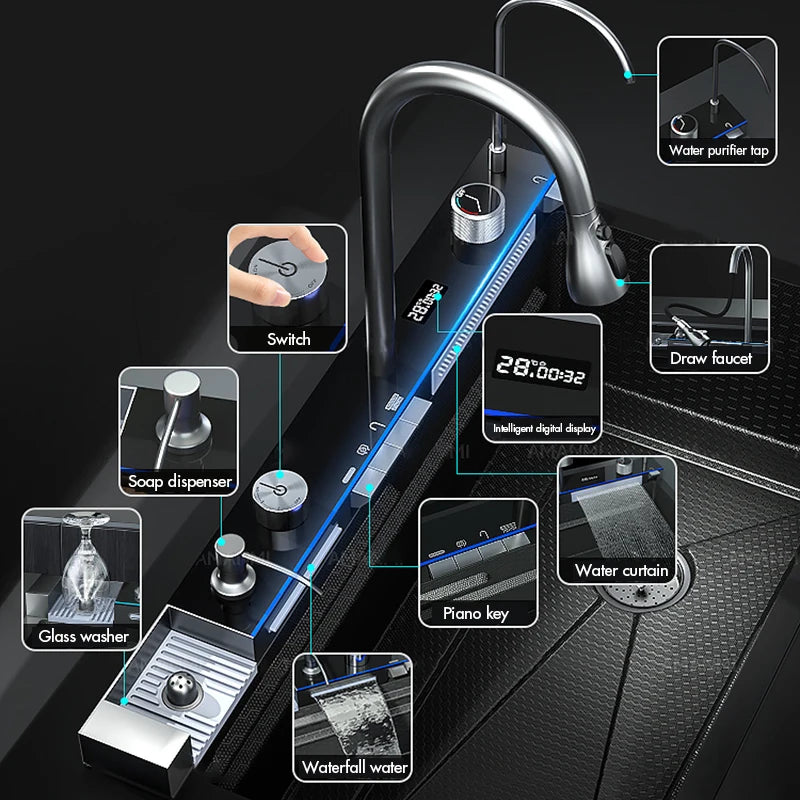 MYQualife 304 Stainless Steel Waterfall Sink Faucet Set With Digital Display