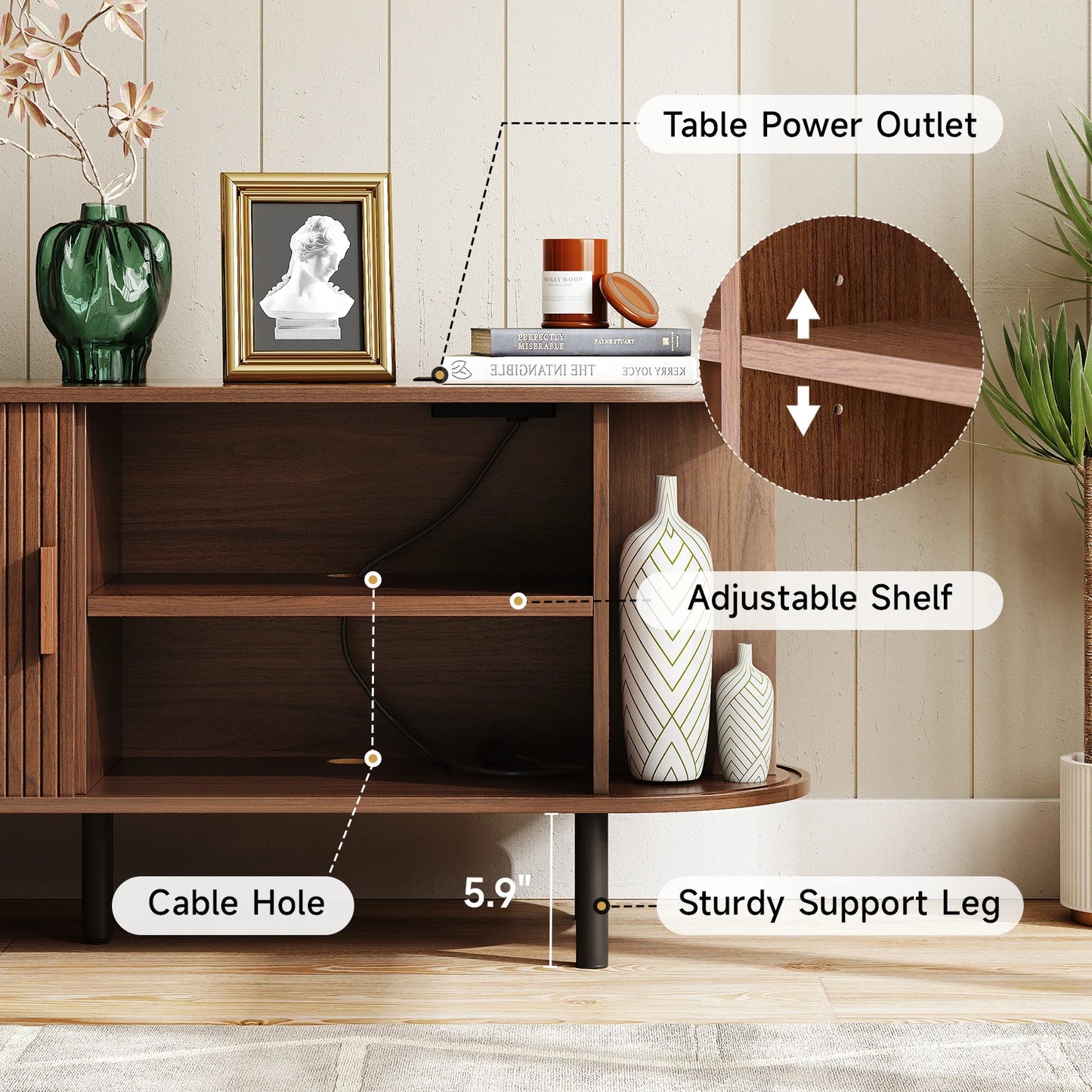 TV Stand With Power Outlet and Sliding Door Storage Entertainment Center