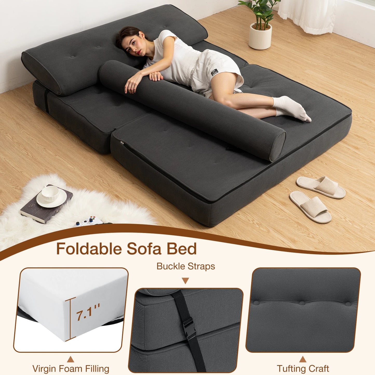 Folding Sofa Bed With Back Support Pillows For Living Room