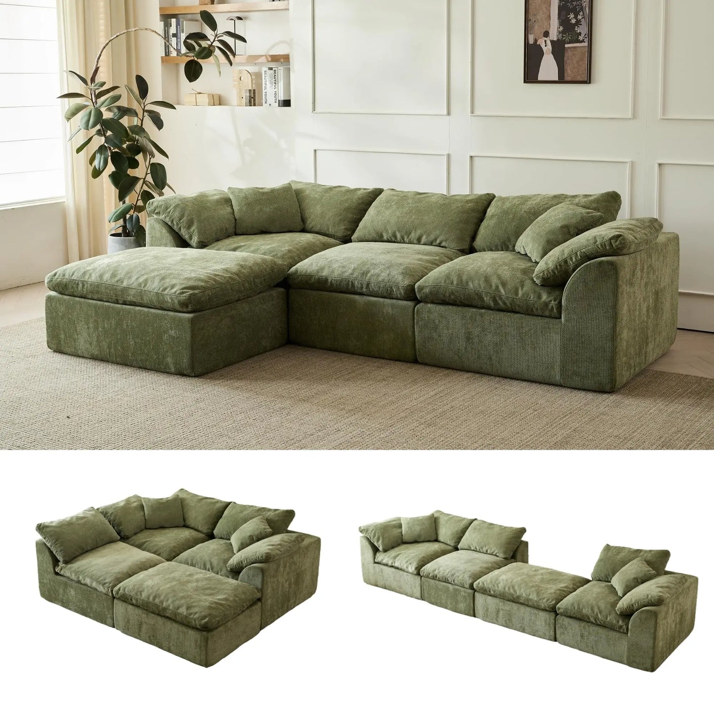 YeflixvrauCN Modern Cloud L Shaped 3 Seater Sofa Sectional Ottoman