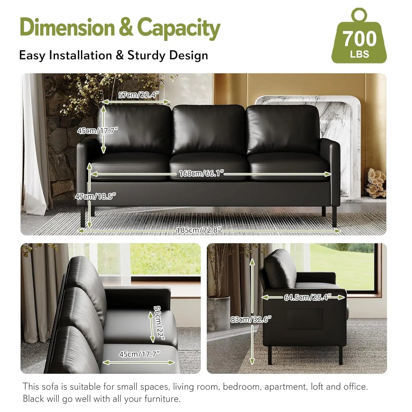 Faux Leather Sofa Modern With USB Ports For Living Room