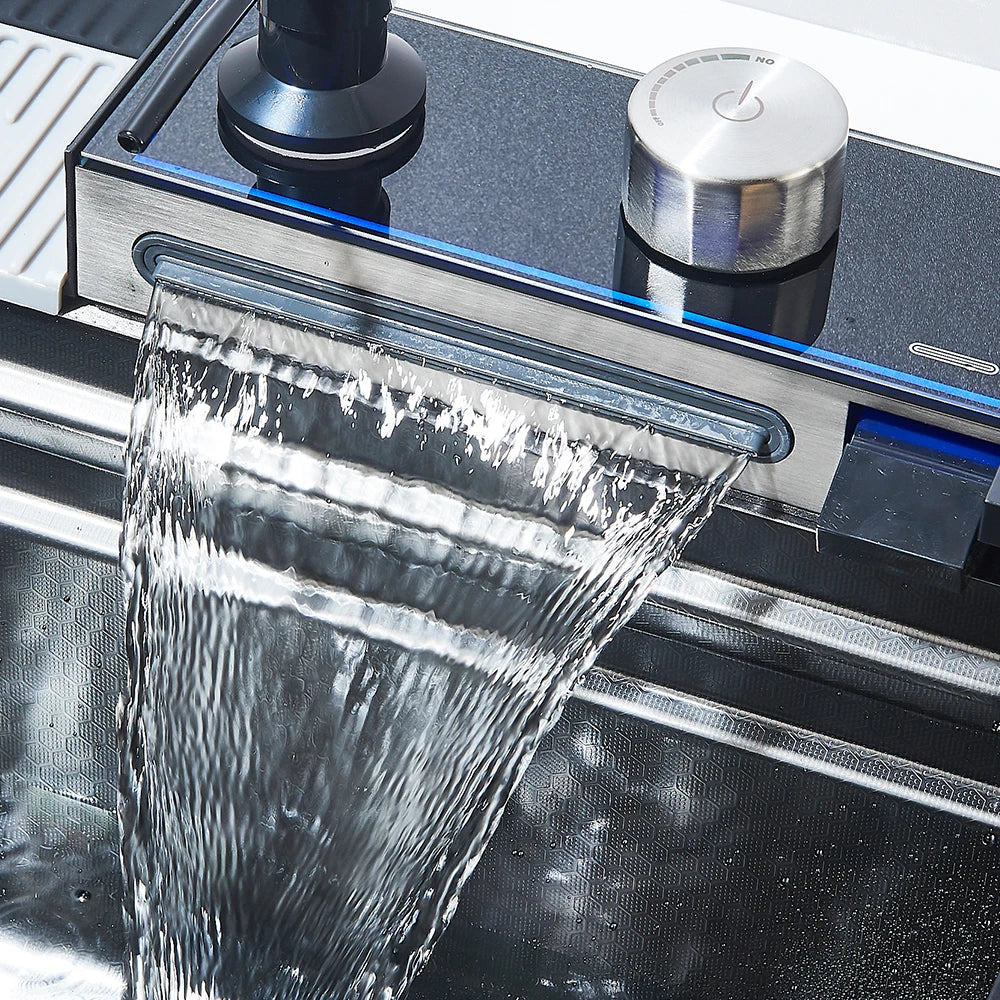 MYQualife 304 Stainless Steel Waterfall Kitchen Sink Faucet Set Dispenser