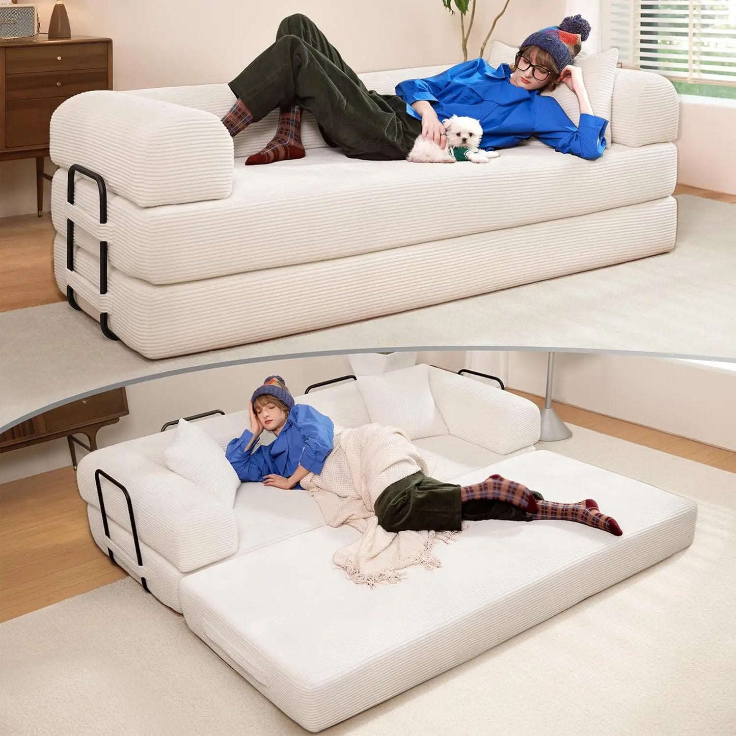 Convertible Sofa Bed Modular Couch With Corduroy Fabric And Memory Foam Sleeper