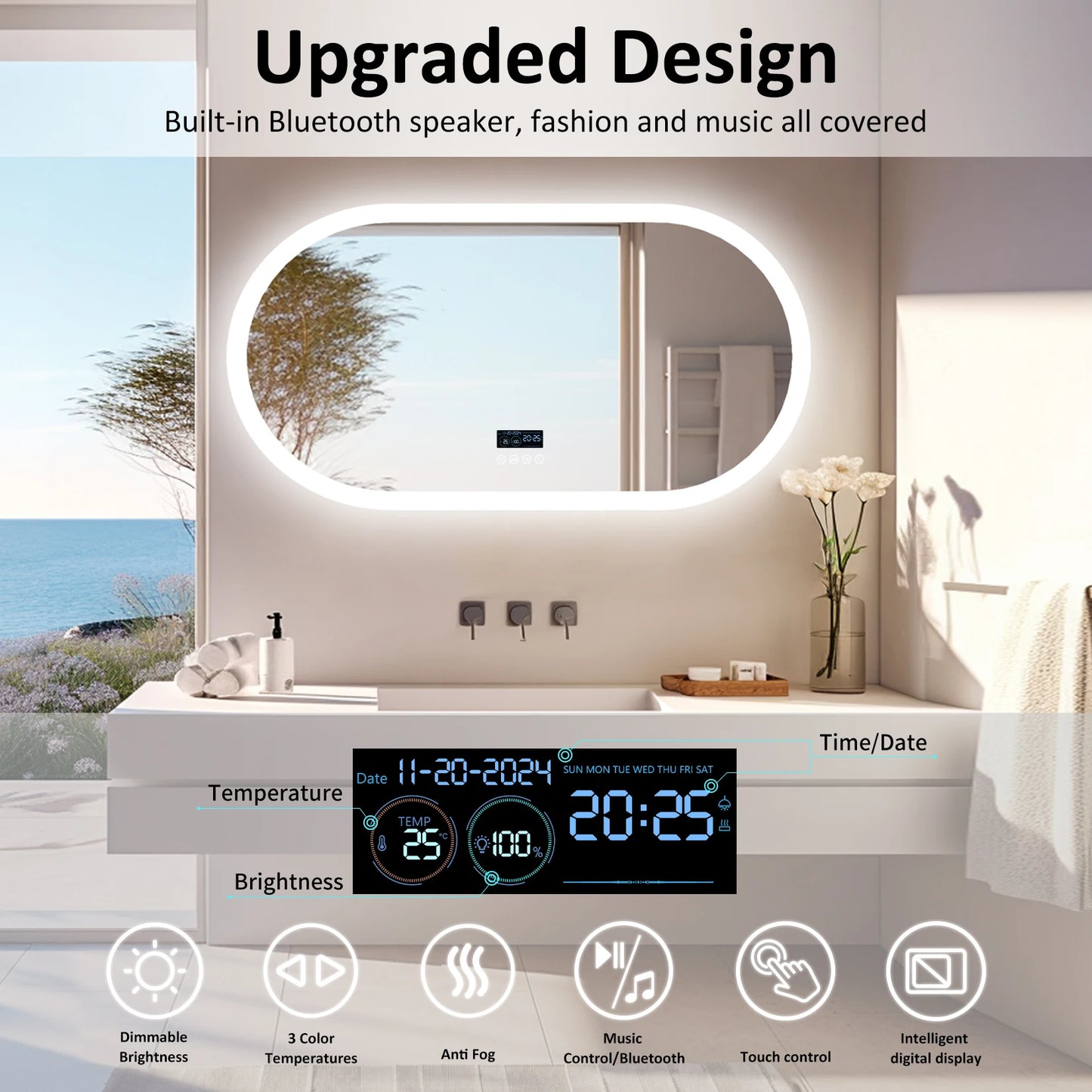 Wisfor Oval LED Bathroom Mirror With Lights Anti-Fog Bluetooth Speaker