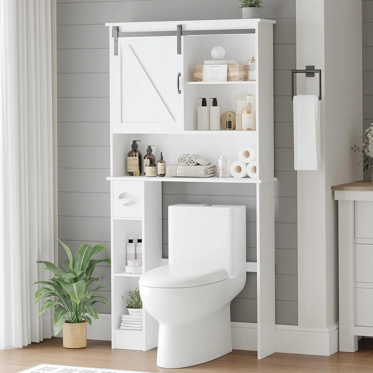 Storage Cabinet Over Toilet Organizer With Sliding Barn Door Paper Holder