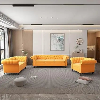 DAFIFY Velvet Chesterfield Sofa Loveseat Chair Set For Living Room