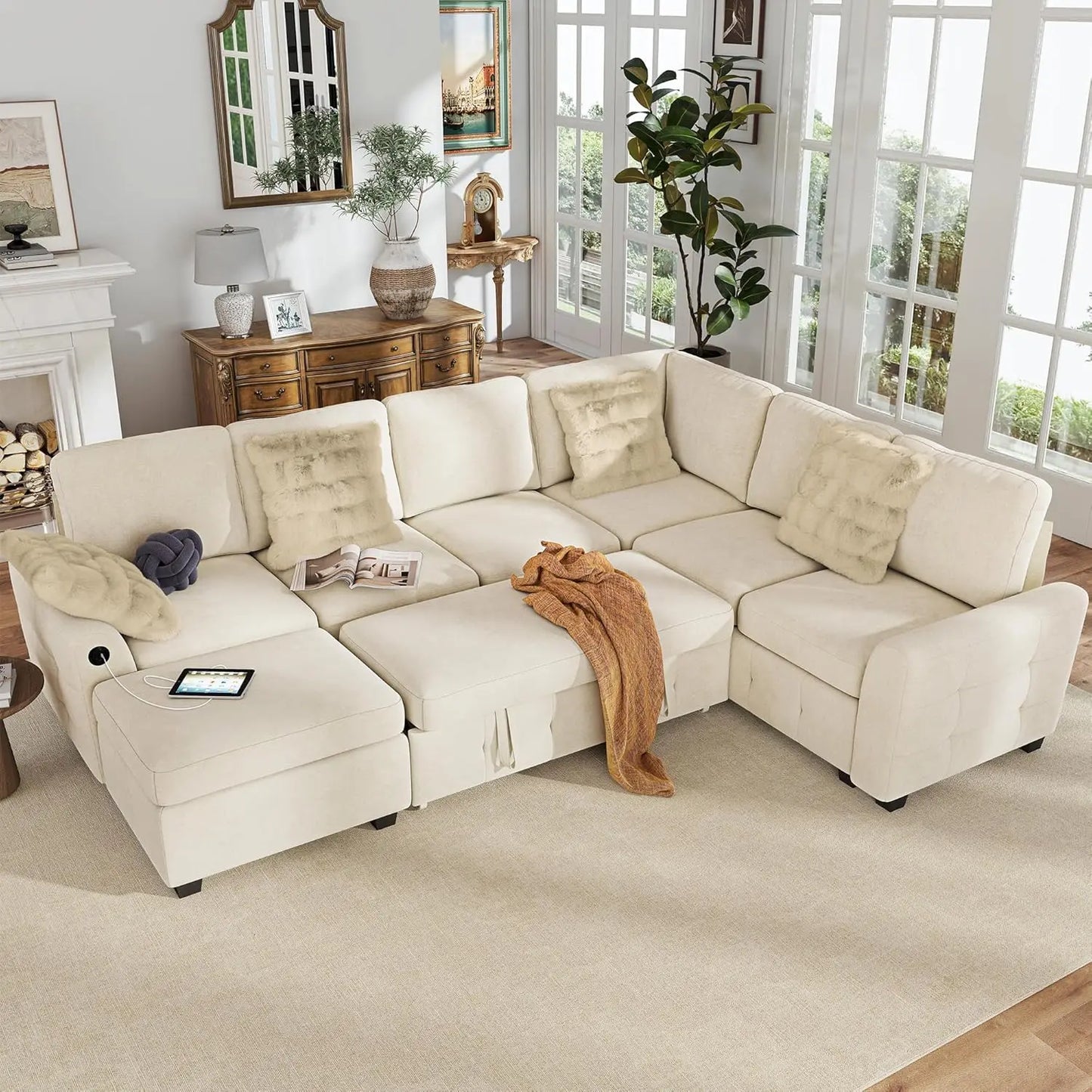 Corduroy L-Shaped Sectional Sofa With Pull-Out Bed Storage USB Charging