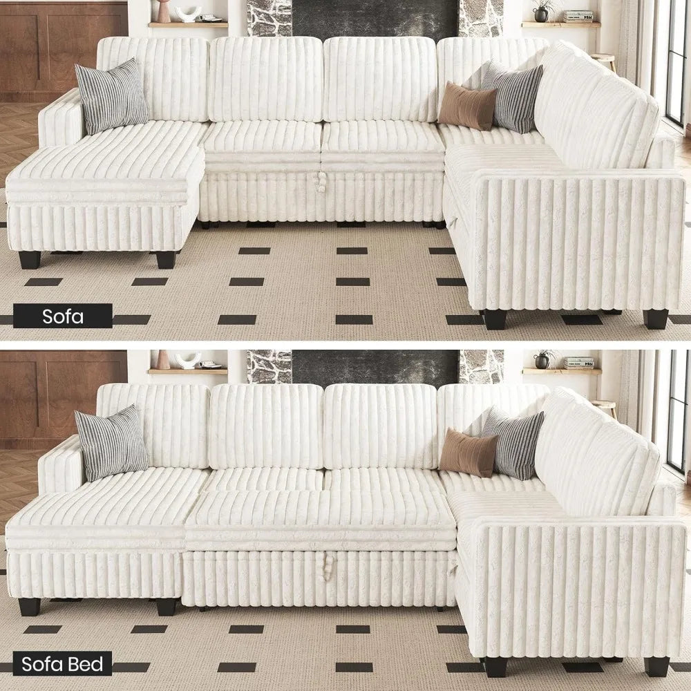 Corduroy Sleeper Sofa Bed With Storage Chaise Modular Sectional