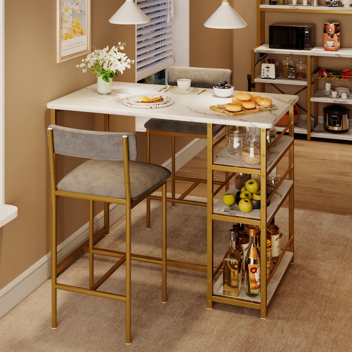 3 Pieces Dining Room Table Set for Small Space Apartment Counter Height Kitchen Table and Chairs Bar Stools Gold