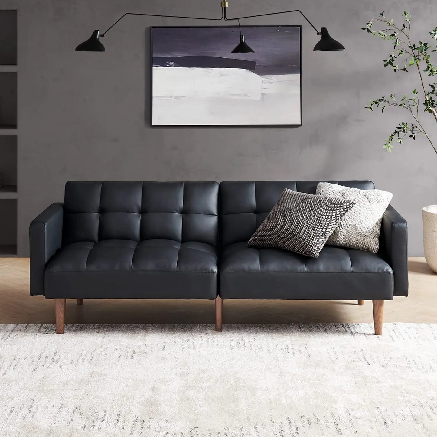 Mid Century Futon Sofa Bed PU Leather Loveseat Wood Frame