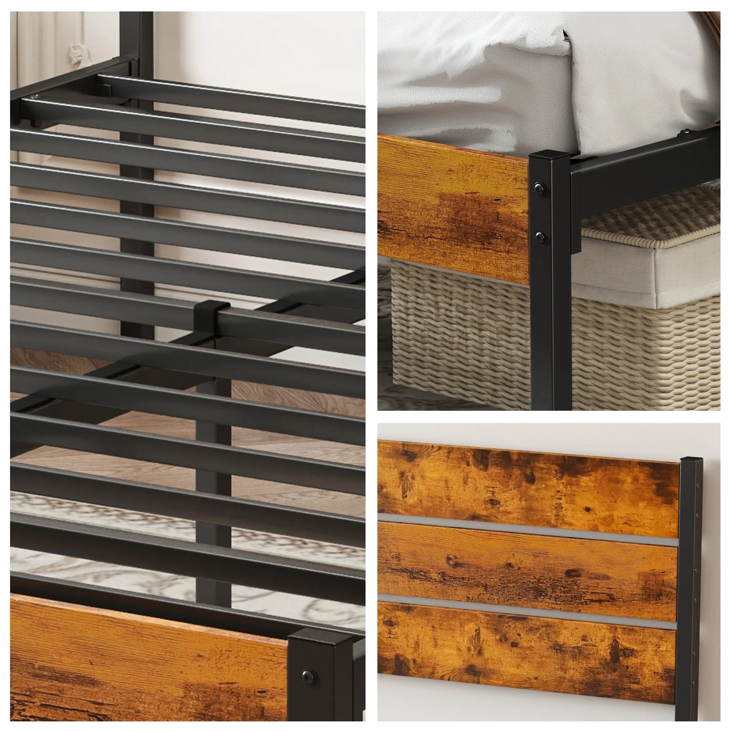 JHK Metal Platform Bed Frame With Headboard And Footboard And Wooden Slats