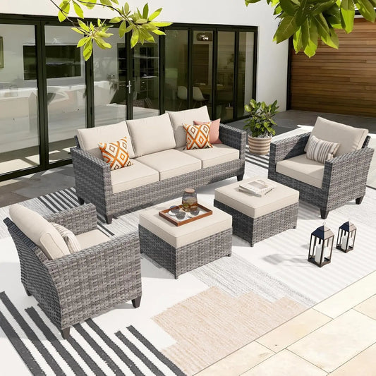 Patio Furniture Set, 5 Pieces Outdoor Wicker Sofa Couch With Chairs, Ottomans And Comfy Cushions, All Weather High, Customized