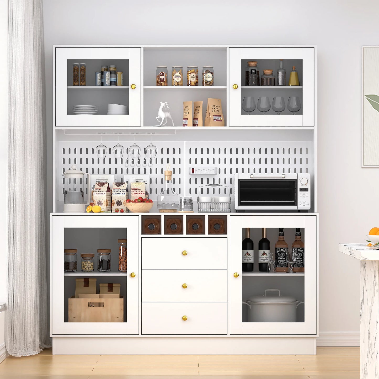 VOWNER Pantry Cabinet Freestanding Kitchen Storage Pegboard Power Outlet