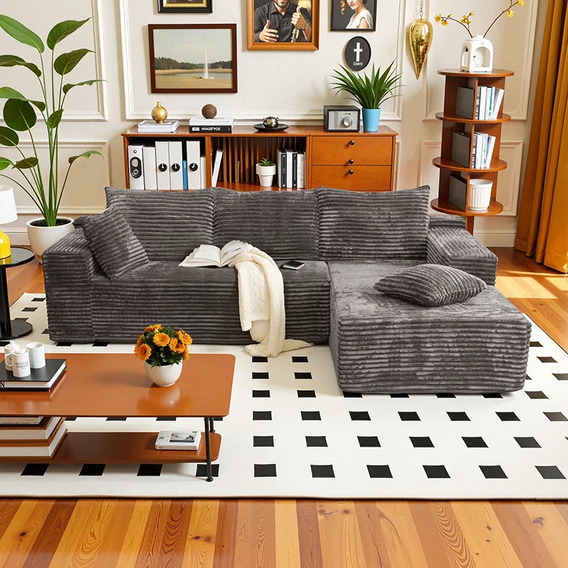 L-Shaped Living Room Sofa Bed Convertible In Corduroy Fabric No Assembly