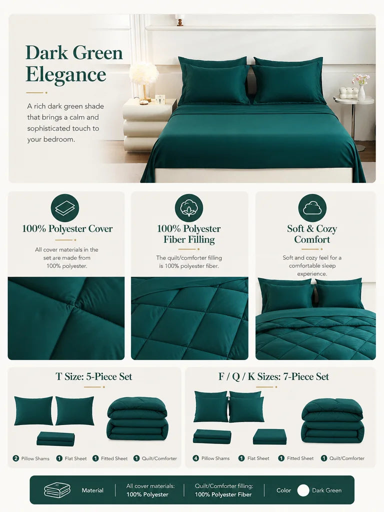 EasYum 7 Piece Bedding Set Quilted Comforter Flat Sheet Fitted Pillowcases