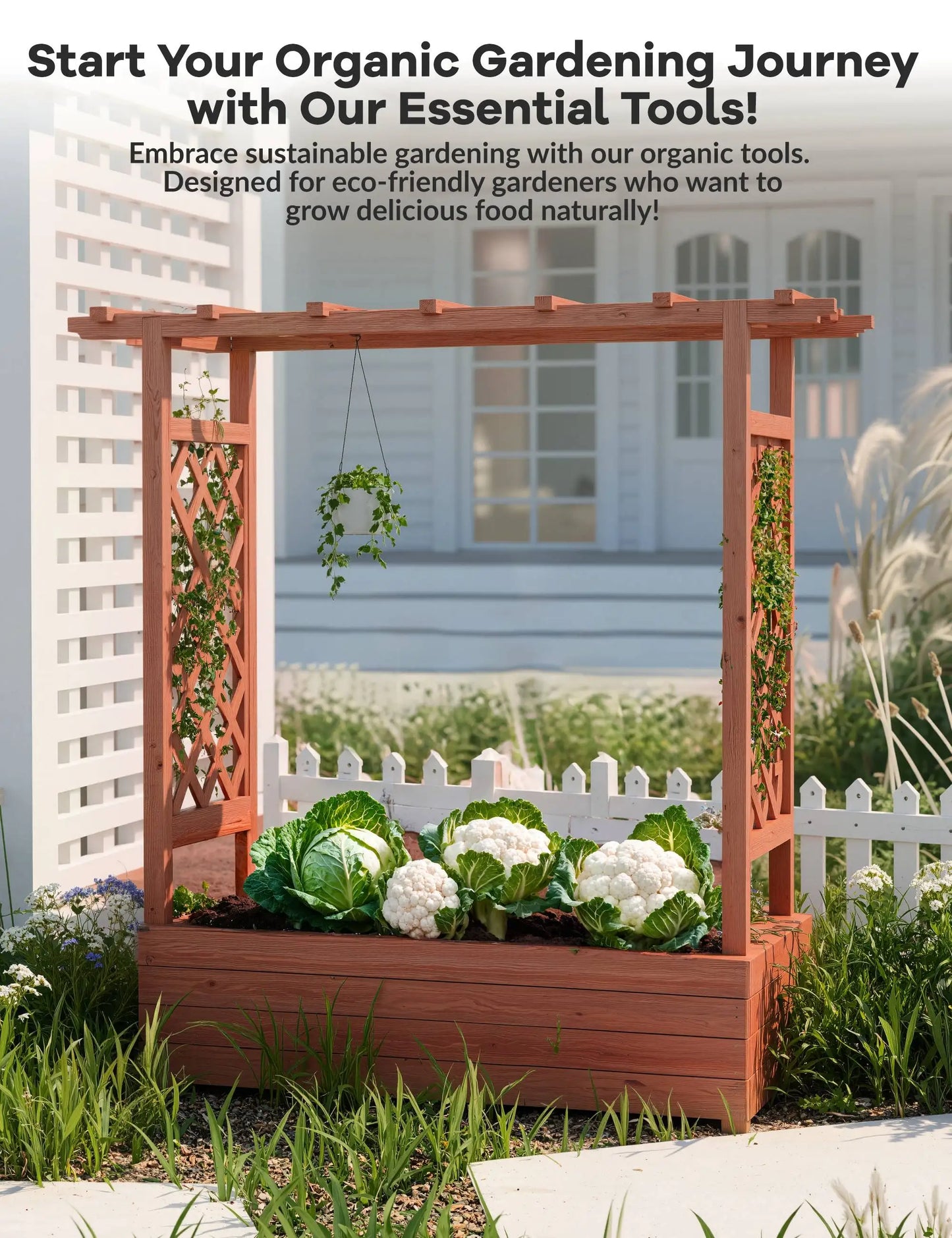 HiMISS Elevated Wooden Raised Garden Bed With Trellis For Climbing